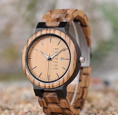OEM ODM Supported Wooden Quartz Watch , Round Mens Wooden Wrist Watch