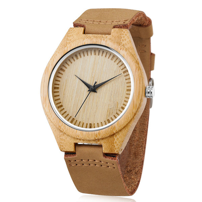 Fashion Design Wooden Quartz Watch , Leather Strap Japan Movement Bamboo Wrist Watch